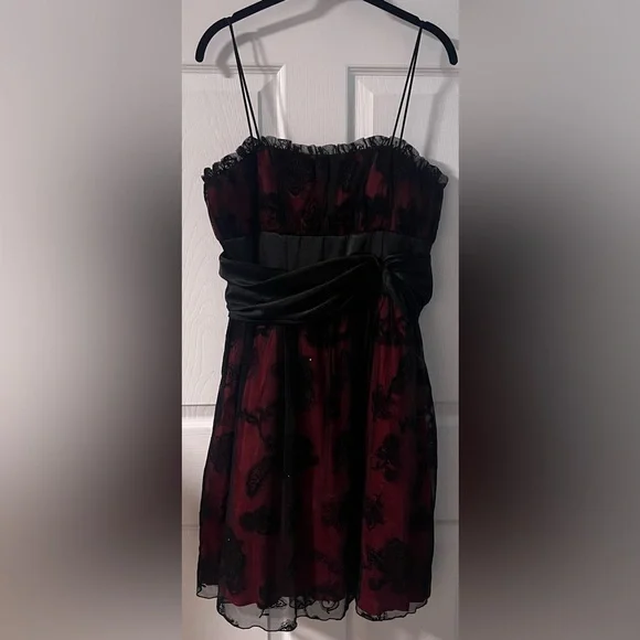 black dress with red underneath Black Red A-Line Two Piece Satin Prom Dress main image 0